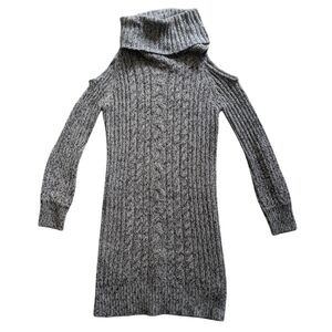 Women's Small Grey Long Sleeve Turtle‎ Neck Cold Shoulder Sweater Dress